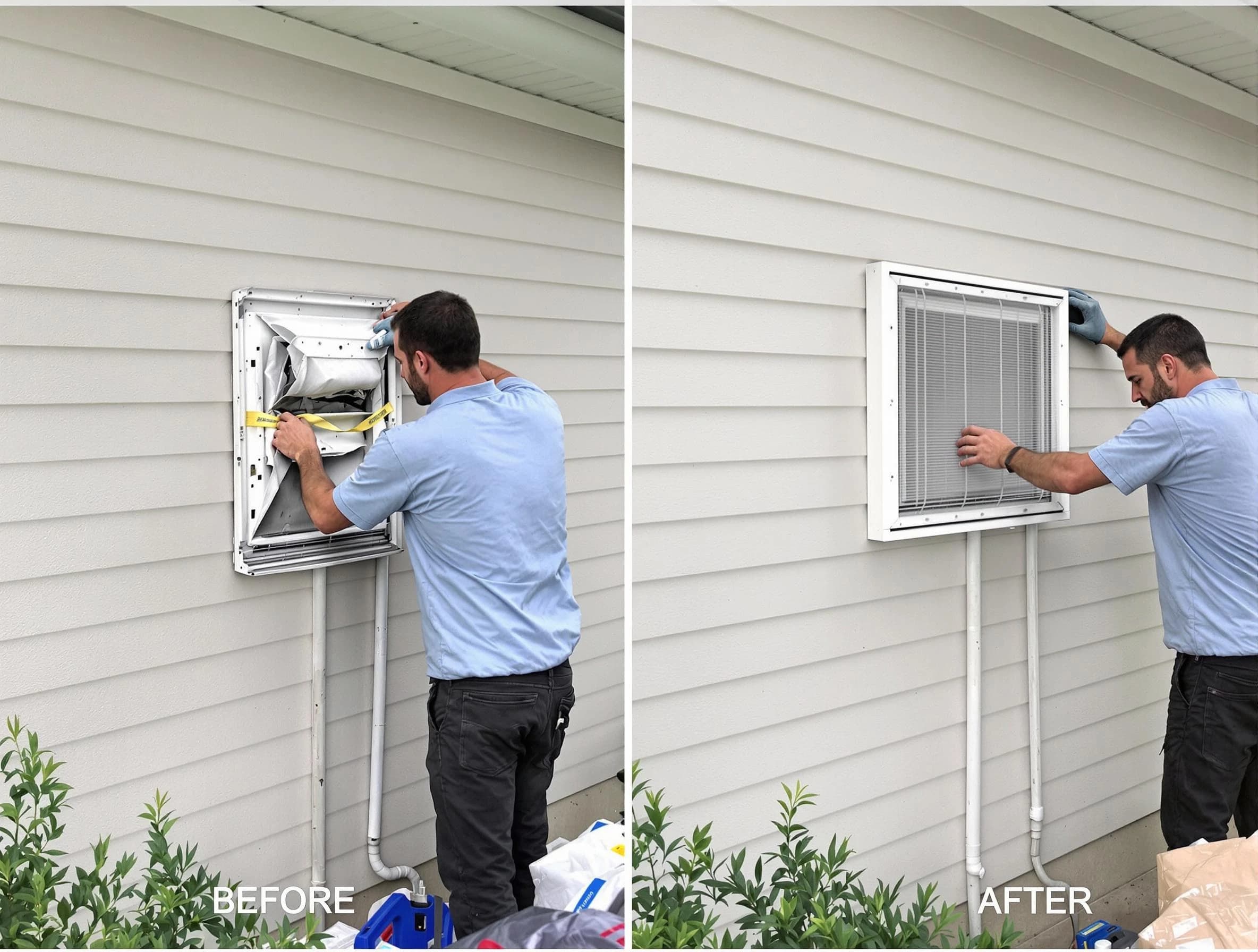 Peachtree City Dryer Vent Cleaning technician installing high-quality dryer vent cover at a residential property in Peachtree City