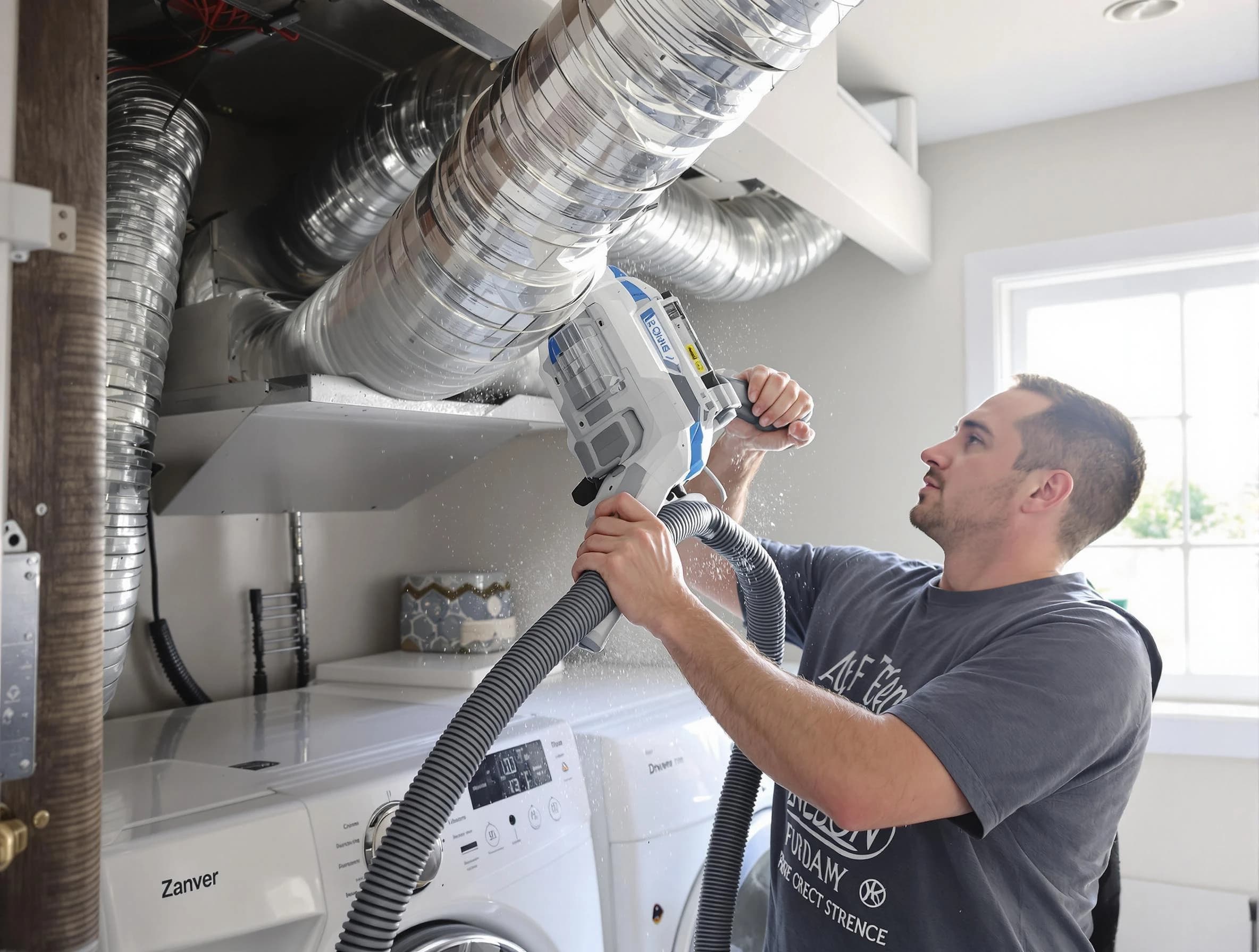 Peachtree City Dryer Vent Cleaning specialist cleaning deep within a dryer vent duct system in Peachtree City