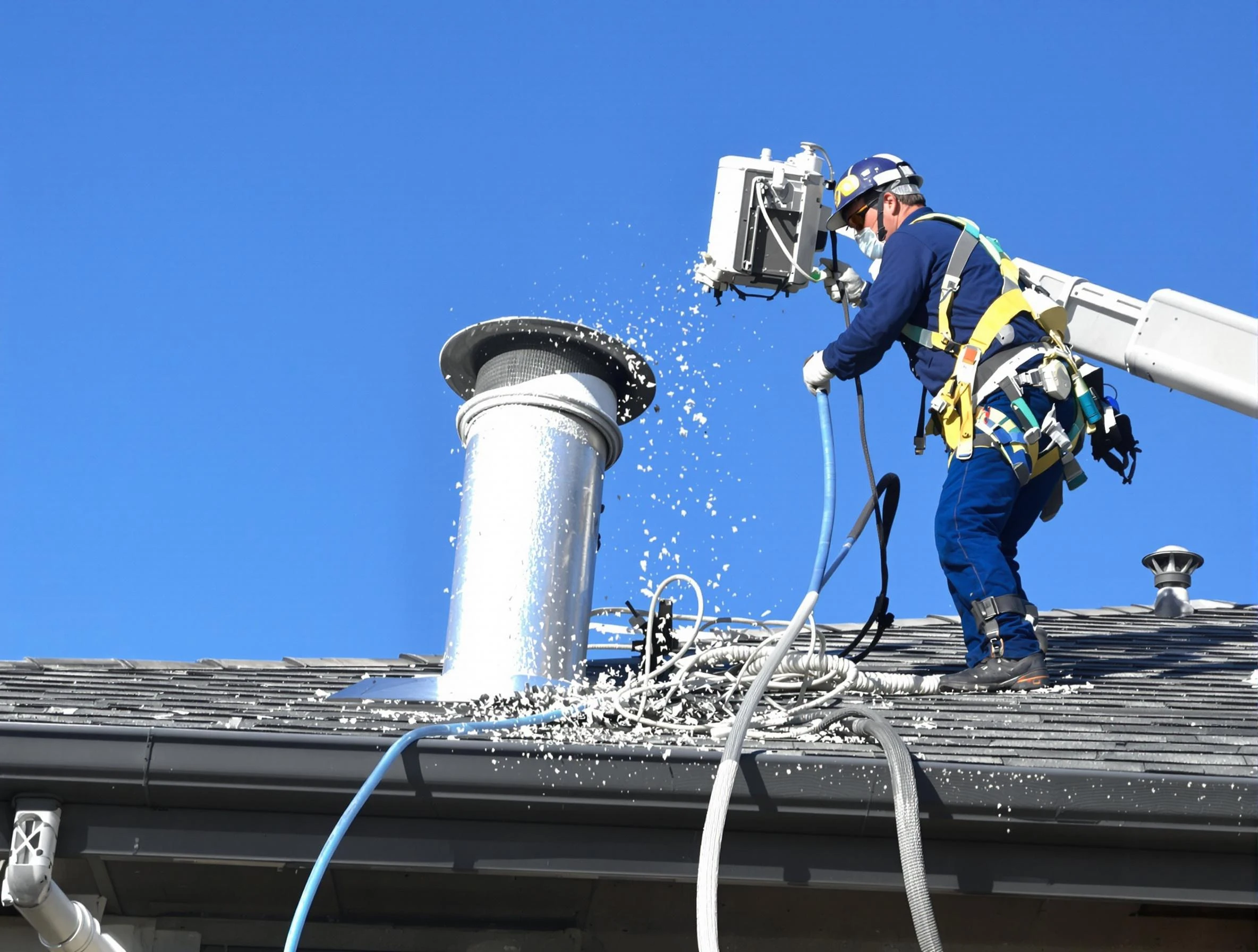 Peachtree City Dryer Vent Cleaning certified technician safely cleaning a roof-mounted dryer vent in Peachtree City